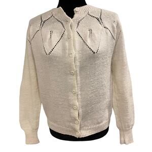 Hand-Knit White Cardigan Sweater with Beautiful Detail Size S-M